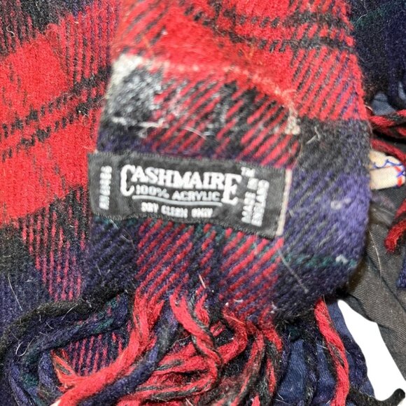Vintage blue red cashmaire acrylic stewart plaid fringe trim scarf - Picture 3 of 5